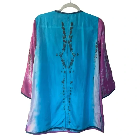 Soft Surroundings Silk Tie-Dye Tunic Top Blue Pink Sheer Button Front Size M - Picture 5 of 8